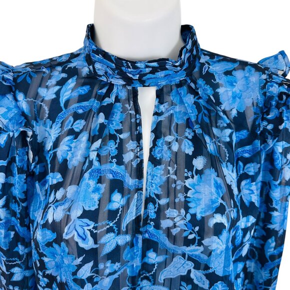 French Connection Women's Size 0 Cynthia High Neck Floral Ruffle Blue Blouse - Picture 5 of 8